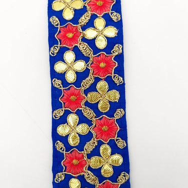 Royal Blue Art Silk Fabric Trim, Salmon Pink & Gold Floral Embroidery Gota Patti Indian Sari Border Trim By Yard Decorative Trim Craft Lace